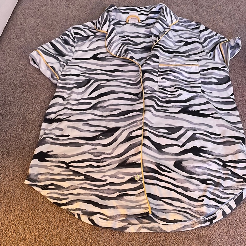 pajama silky, smooth top with yellow outline and pocket on right chest